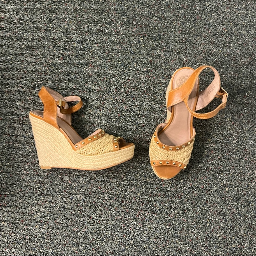 VINCE CAMUTO Neutral Brown & Cream Straw Open-Toe Stud Espadrilles Wedges Shoes - Picture 9 of 16